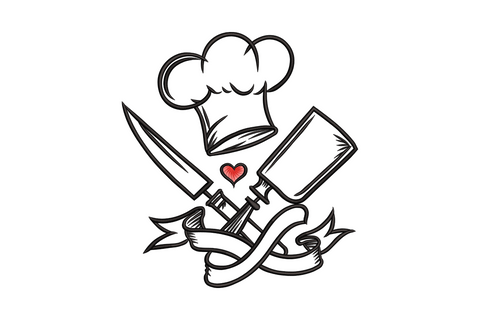 Machine embroidery design showing a chef knife and cleaver side by side in grey and tan thread on white fabric