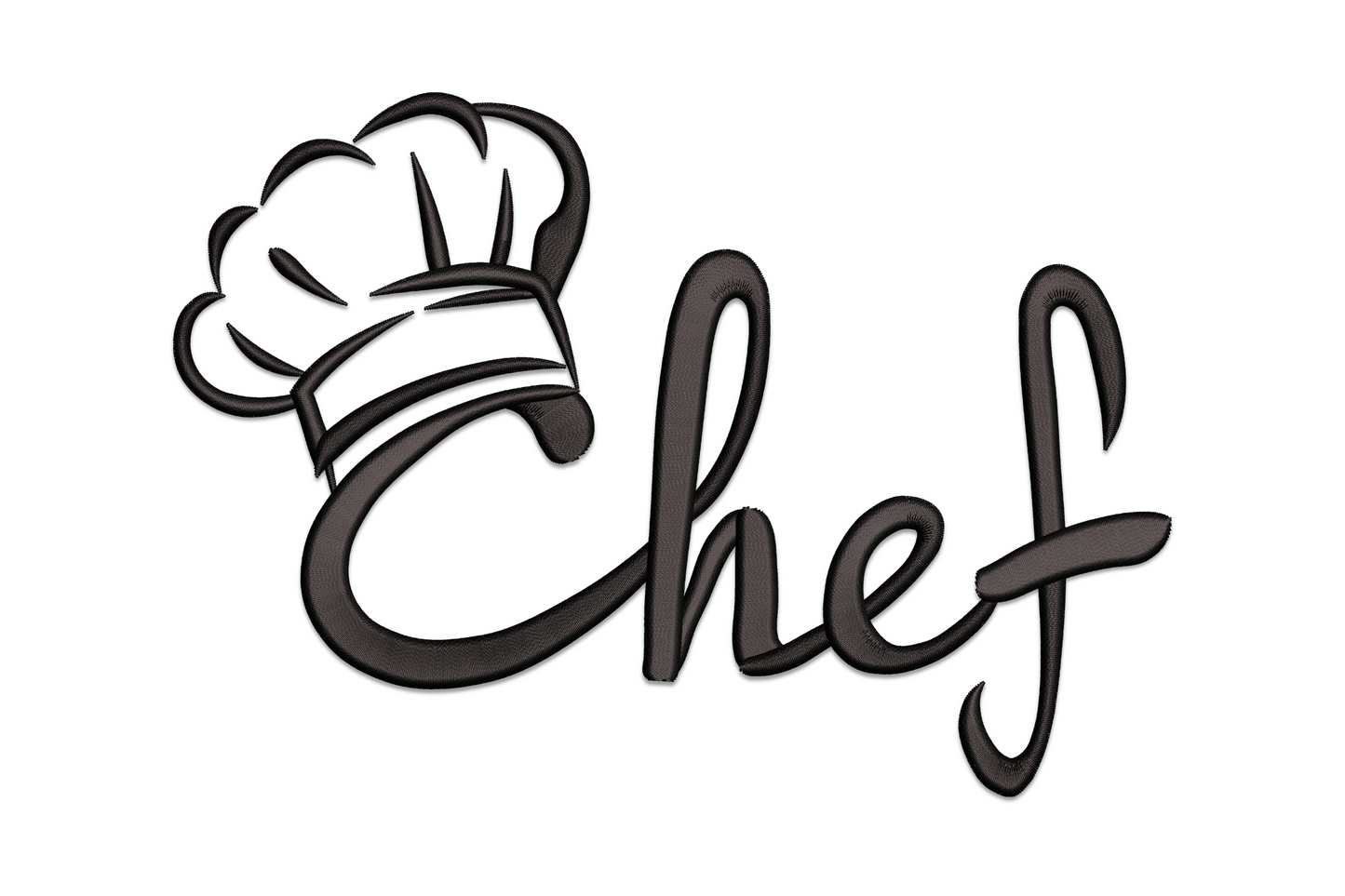 Chef script embroidery with flowing cursive lettering, thick-thin satin calligraphy columns in a single colour