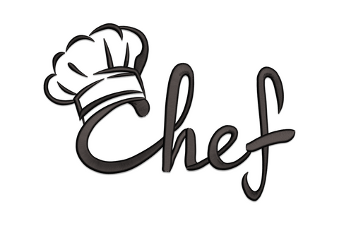 Chef script embroidery with flowing cursive lettering, thick-thin satin calligraphy columns in a single colour