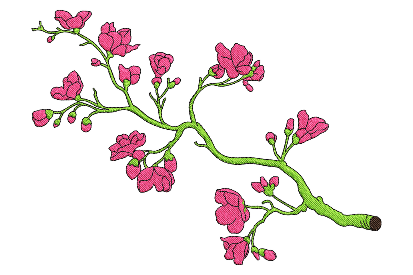 Cherry blossom branch embroidery with hot pink five-petal blooms and round buds on a bright green branch with black outlines, diagonal composition on white background.