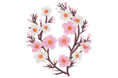 Cherry blossom heart embroidery design, branching spray of pink blooms in a loose heart shape, 5 colors with plum brown bark and blush petals, on white linen.