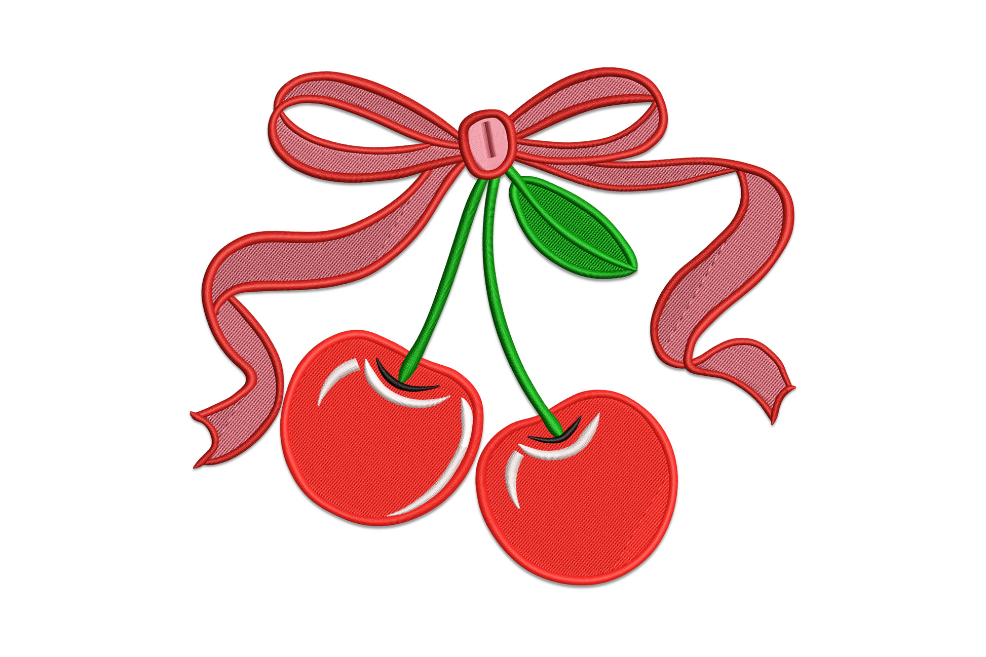 Cherry bow embroidery design with two red cherries, green stems and cream ribbon bow with white highlight dots.