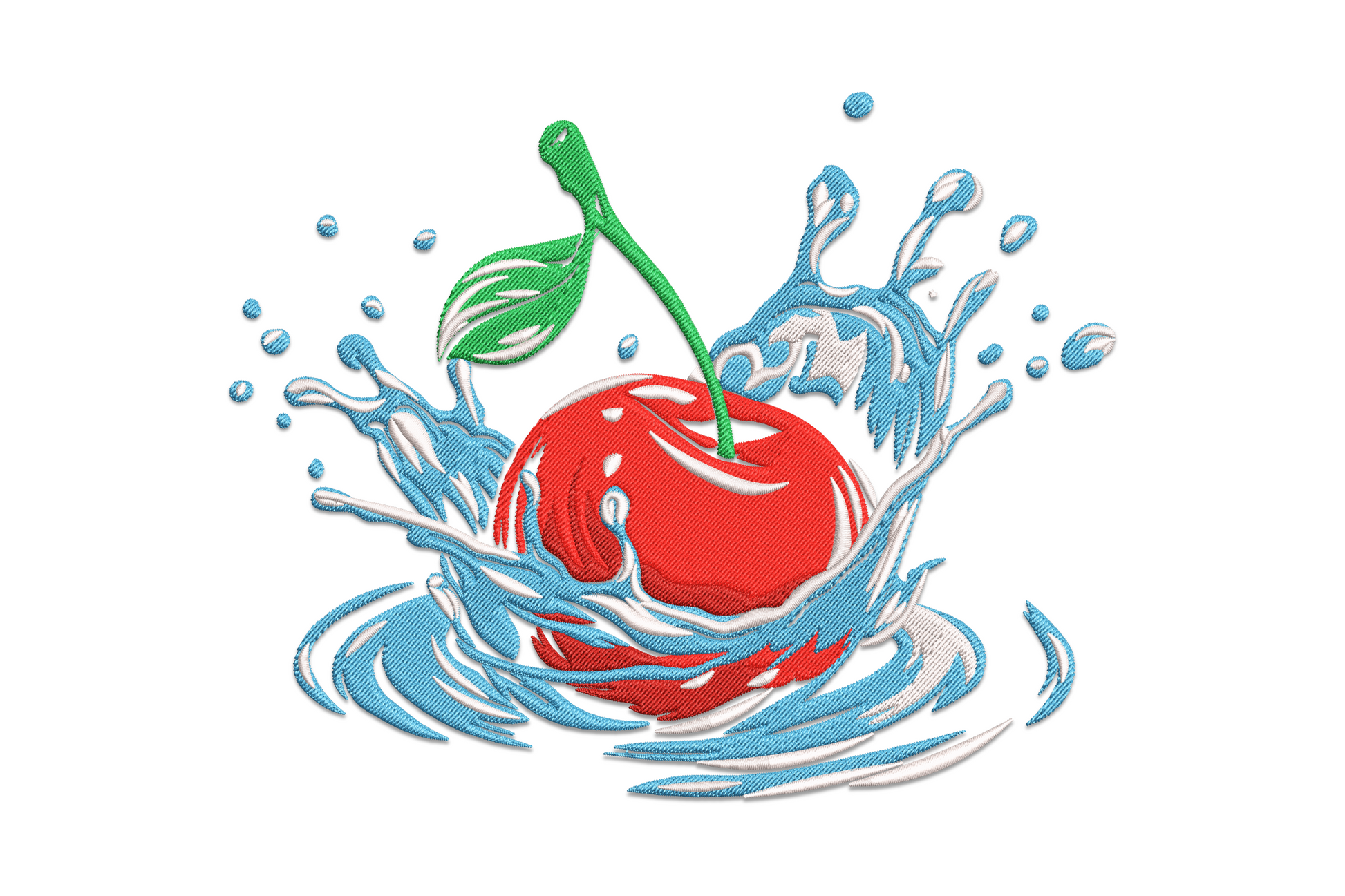 Machine embroidery design of cherries splashing into water with droplets frozen mid-air, deep red fruit and icy blue splash in five colours, bold kitchen style
