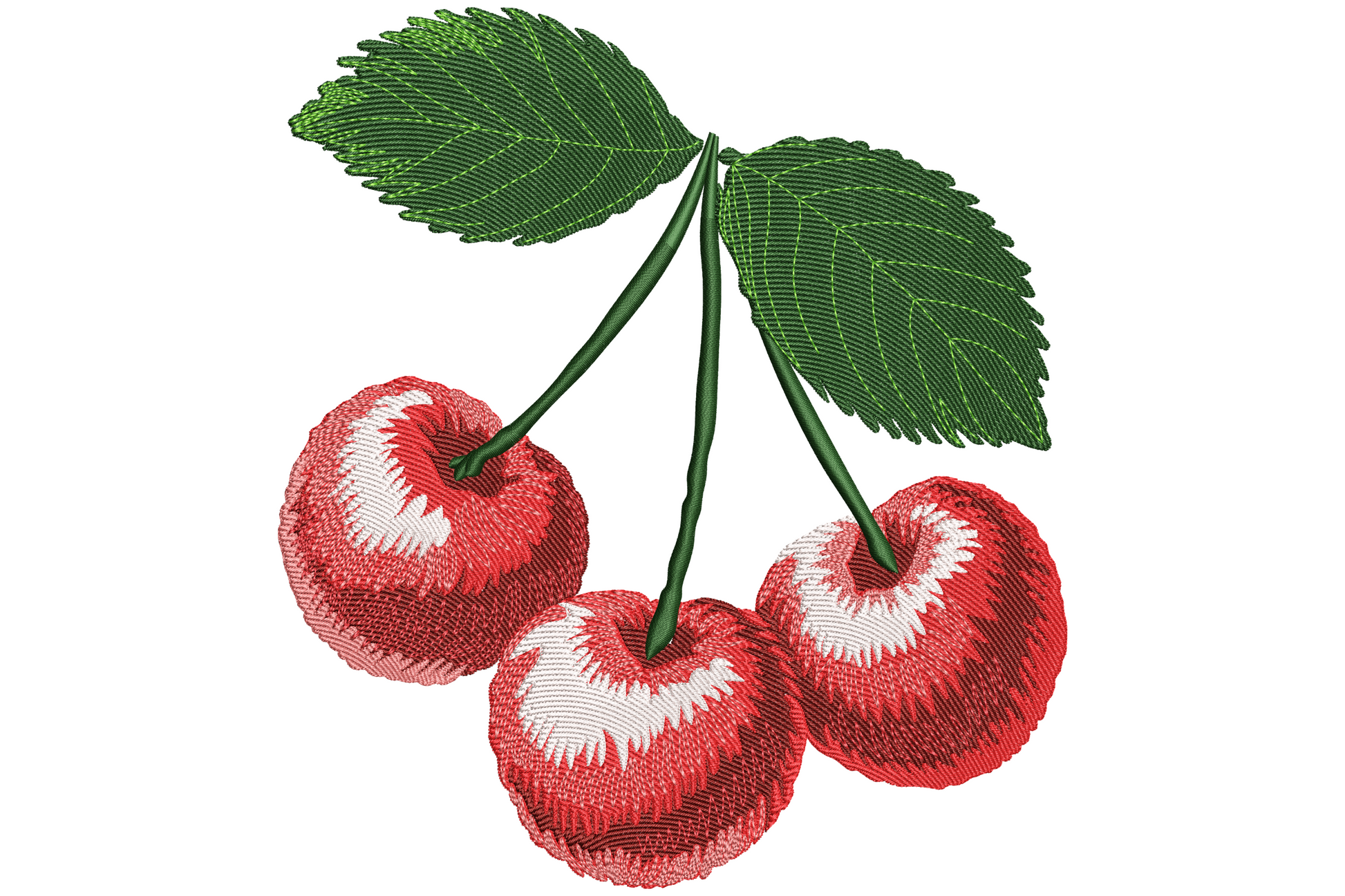 Three red cherries with twisted stems and green leaf, photorealistic embroidery design, 7 colours, 9 sizes.