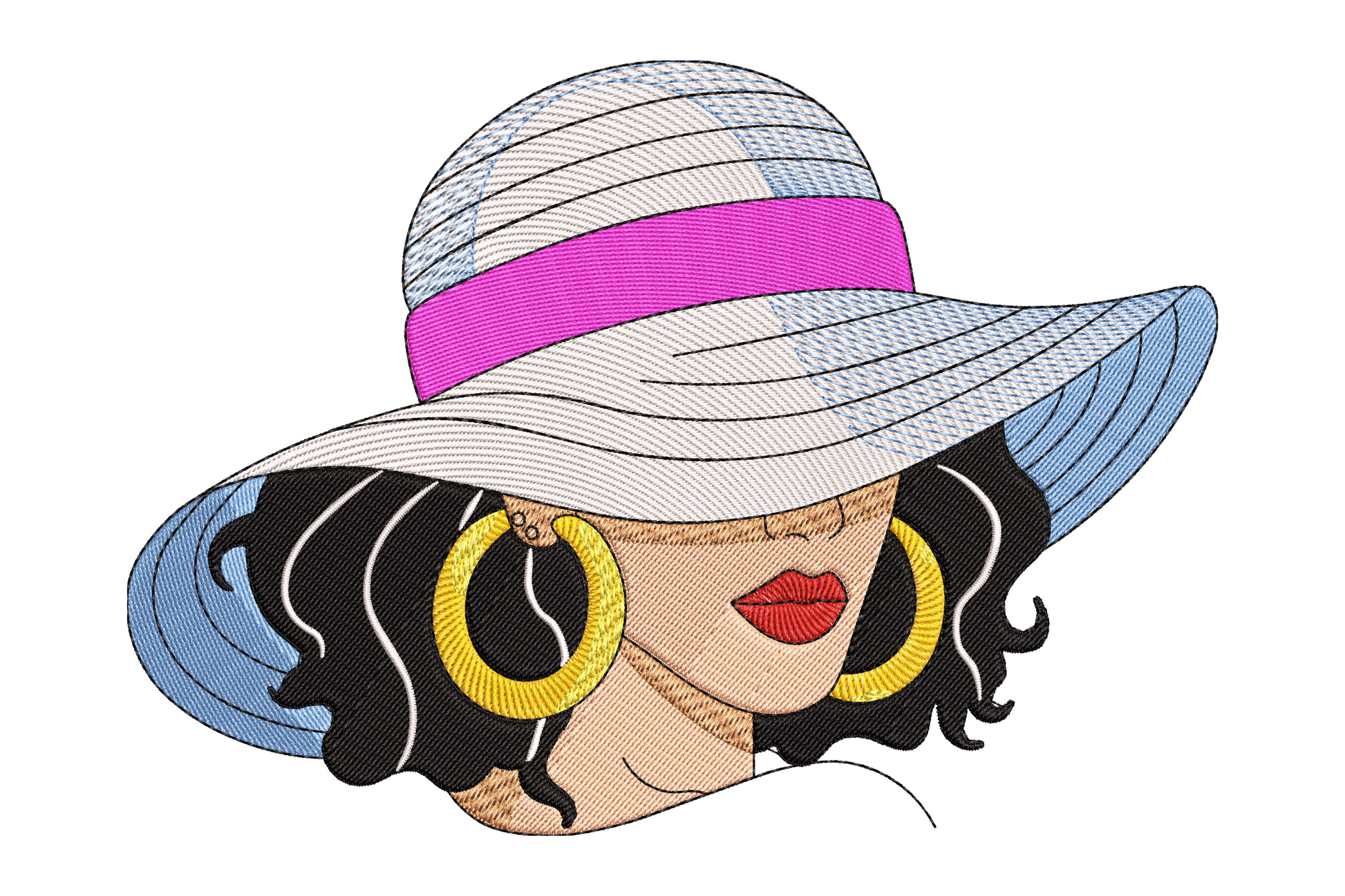 Chic woman fashion portrait embroidery design with editorial style, 9 colours, bold lips and defined features on white background