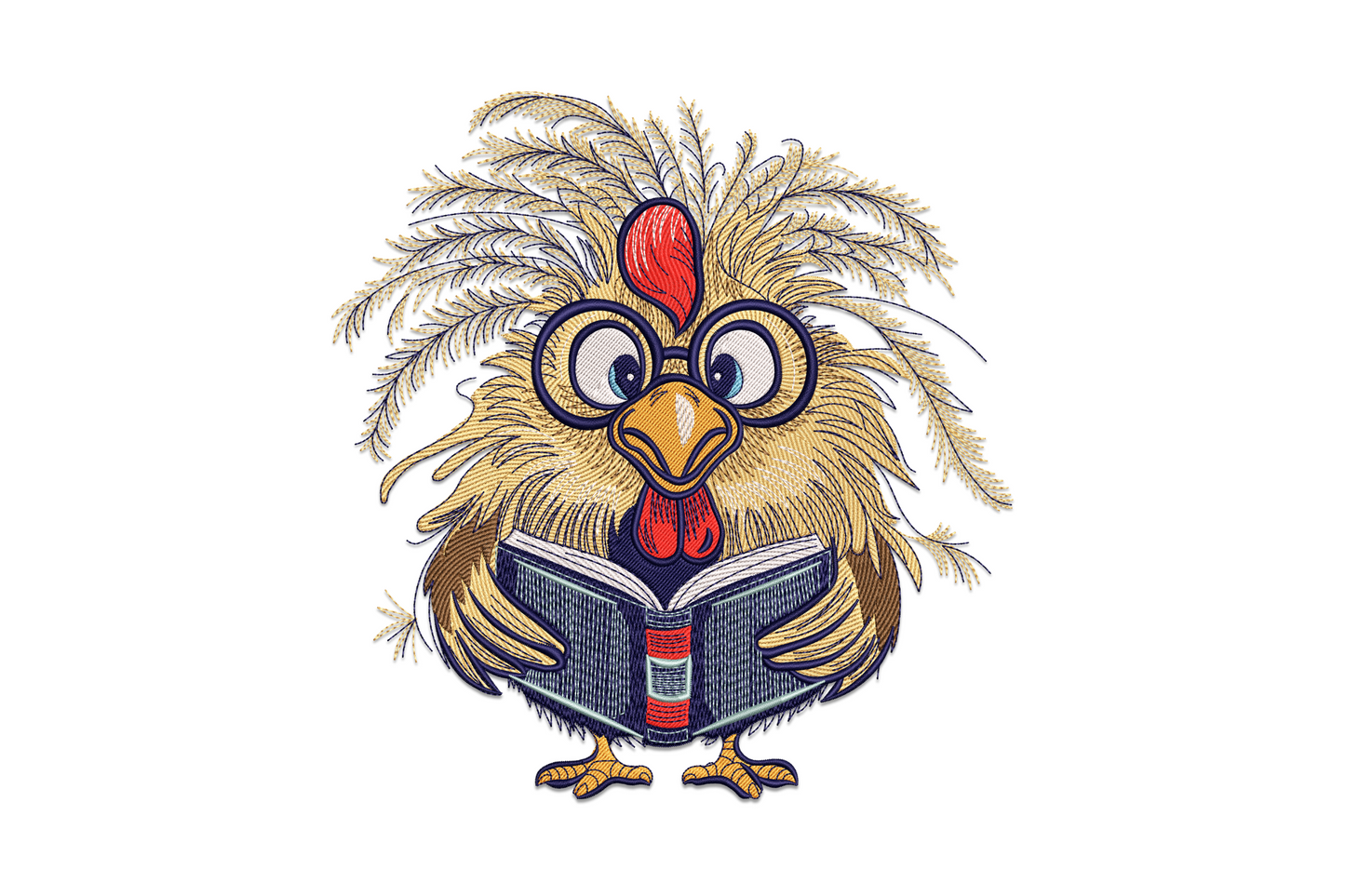 Round fluffy cartoon chicken with wild feather plumage, round glasses and red comb, standing reading an open dark navy book.