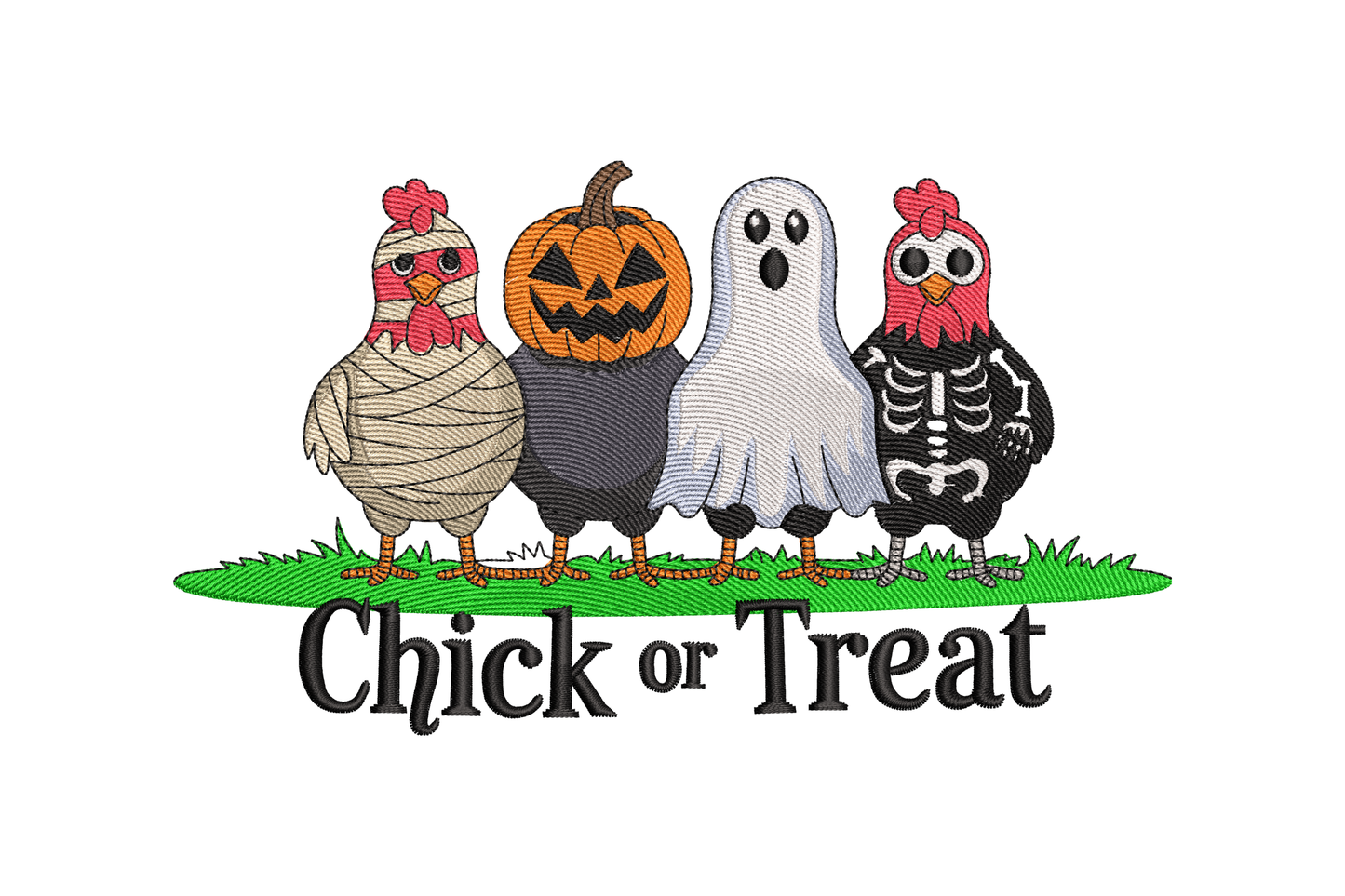 Four cartoon chickens in Halloween costumes with a pumpkin, ghost, skeleton, and mummy, and the text 'Chick or Treat' embroidery design
