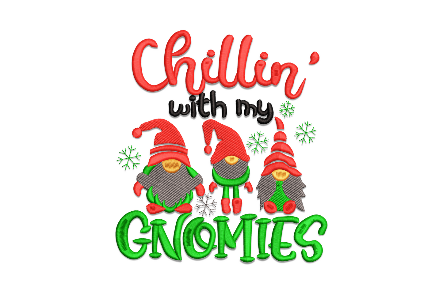 Chillin with My Gnomies Christmas embroidery design with three gnomes in grey, green, and red thread on navy