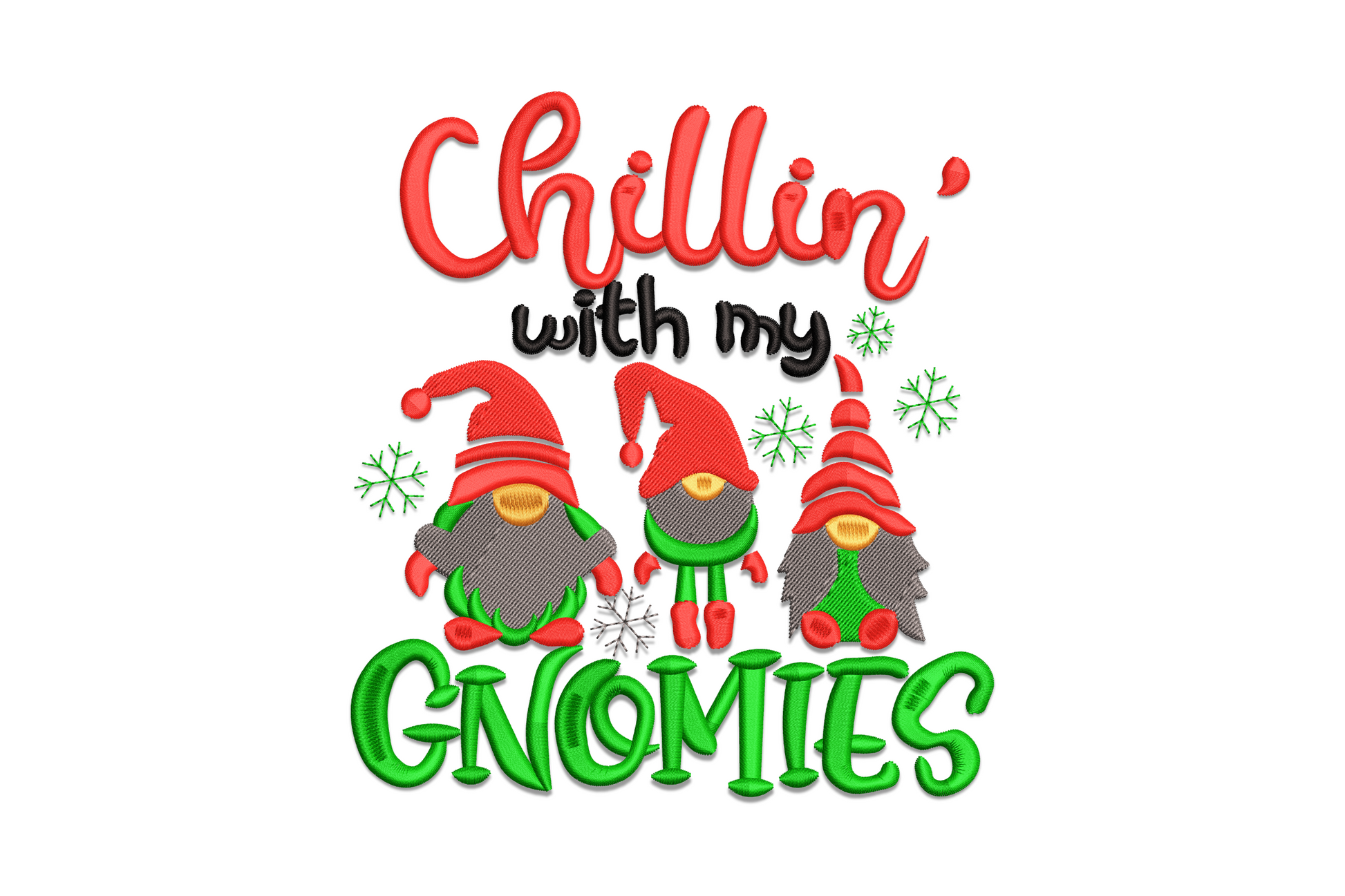 Chillin with My Gnomies Christmas embroidery design with three gnomes in grey, green, and red thread on navy