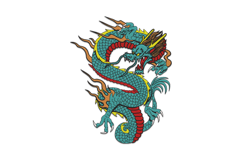 Traditional Chinese dragon in teal with red belly segments, burnt orange flame wisps, yellow claws, wide open jaw with white fangs, black satin outlines.