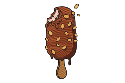 Illustration of a chocolate ice cream bar with nuts on a white background