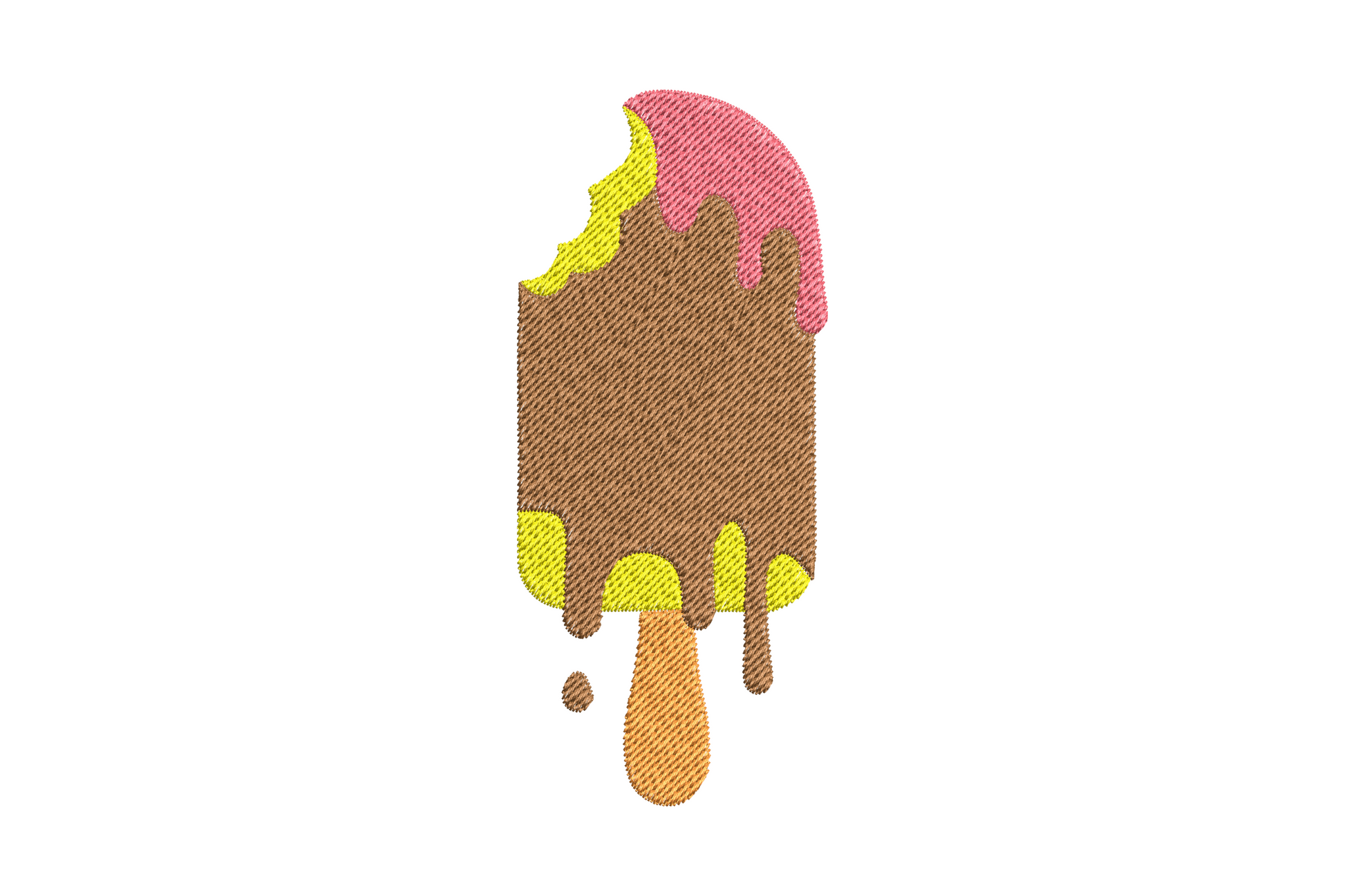 Chocolate drip popsicle, brown ice cream bar with pink and yellow drips on an orange wooden stick.