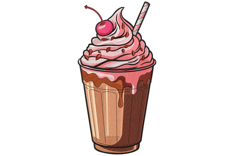 Chocolate milkshake embroidery with pink whipped cream swirl, red cherry on top and a striped charcoal paper straw.