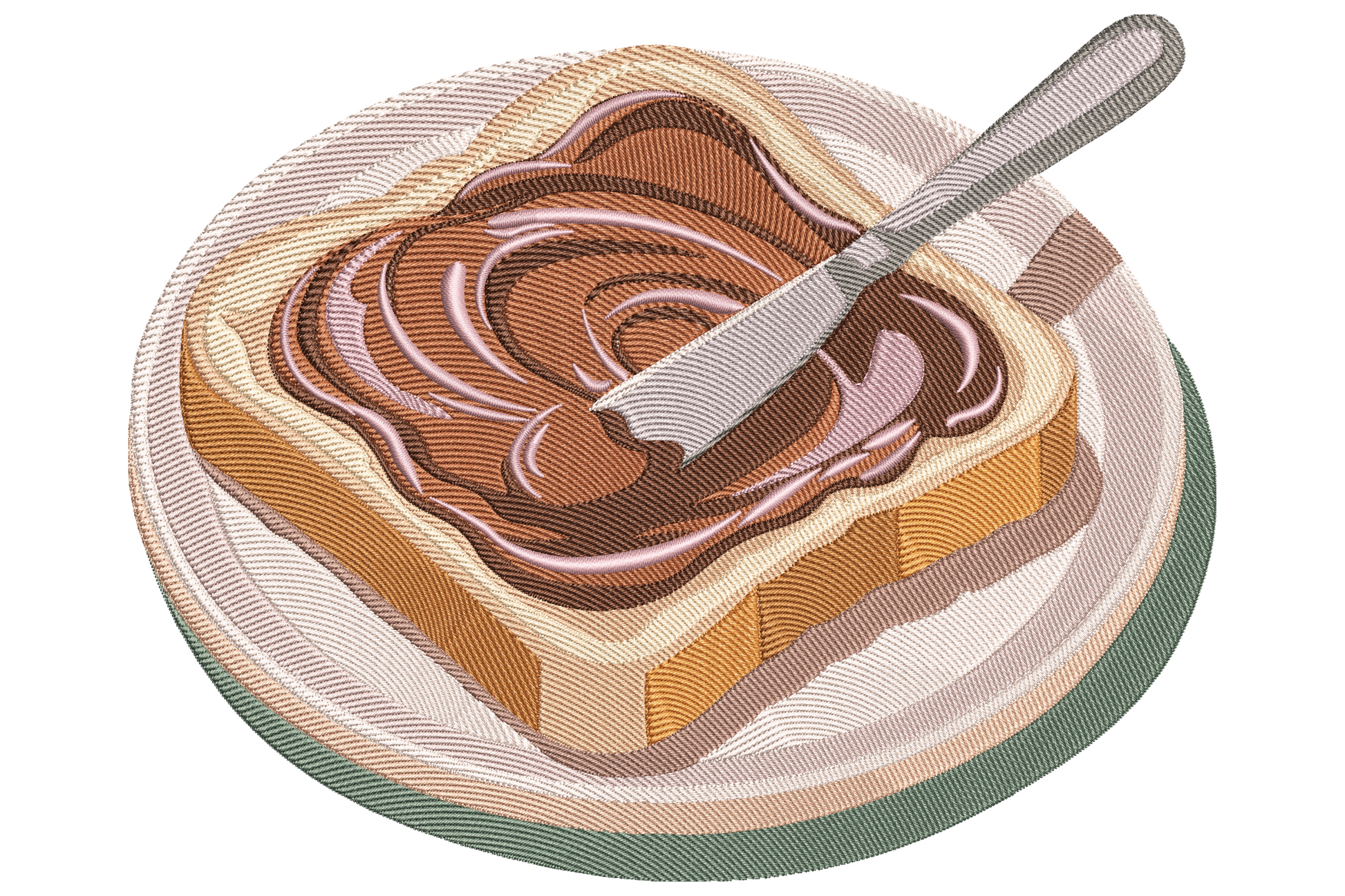 Chocolate spread on toast embroidery design with swirled hazelnut on a slice of bread, plated with a butter knife resting on top.