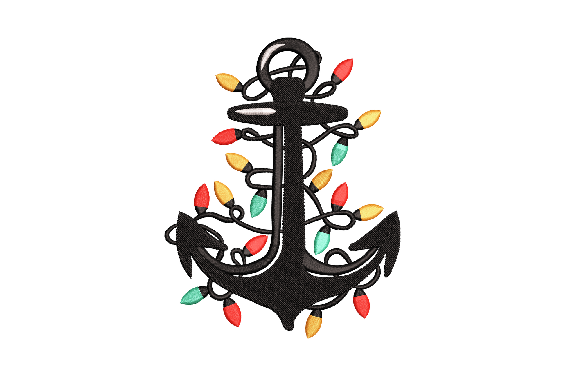 Christmas anchor with lights embroidery design: bold black anchor wrapped with red, orange and teal Christmas bulbs