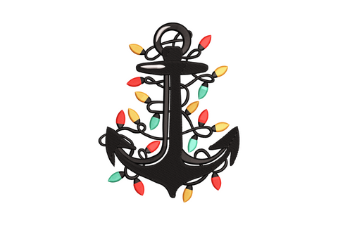 Christmas anchor with lights embroidery design: bold black anchor wrapped with red, orange and teal Christmas bulbs