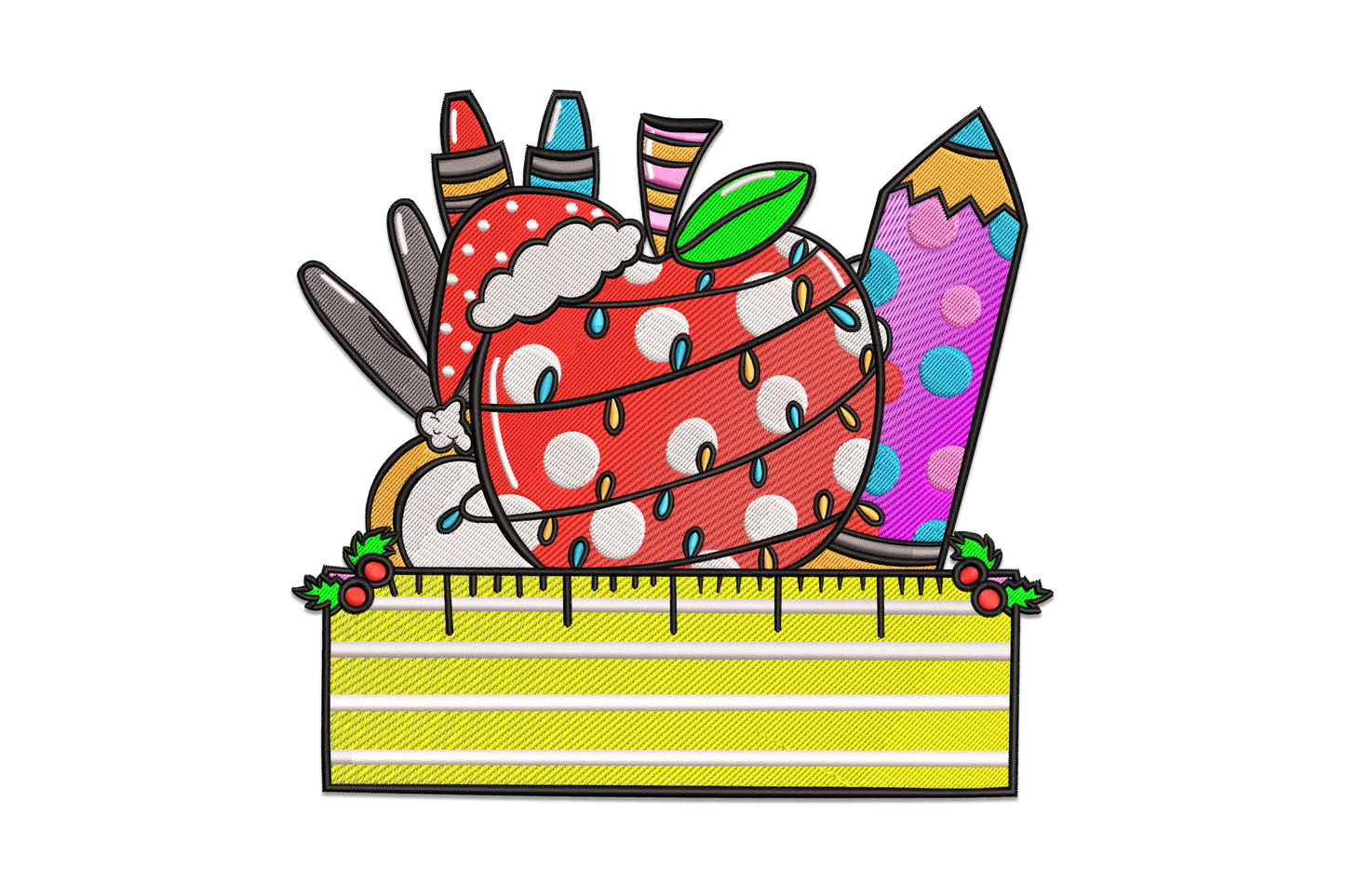 Colourful art supply cluster with pencils, paintbrush, scissors and ruler in christmas colours, 10-colour embroidery design.
