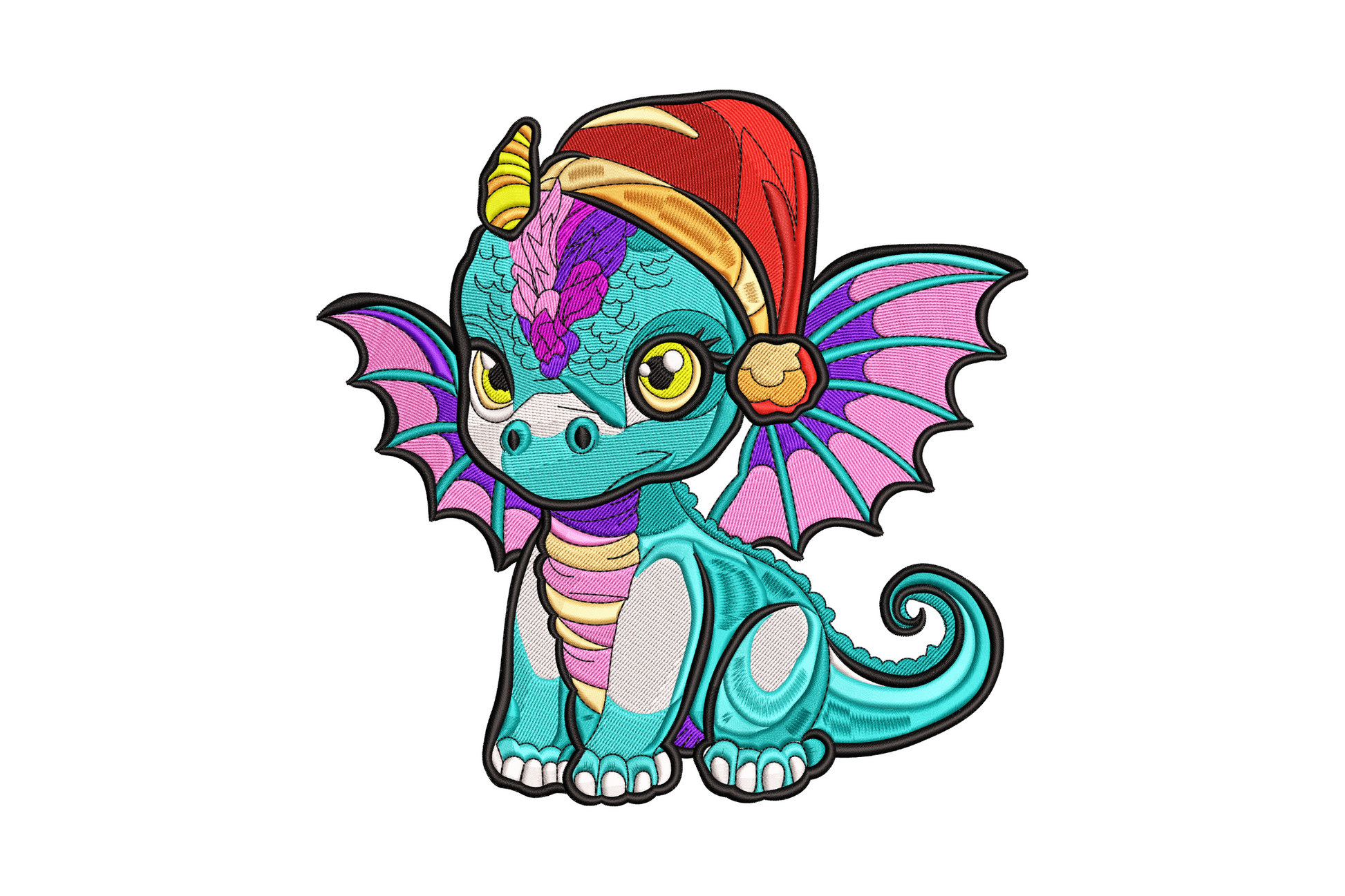 Christmas baby dragon embroidery design, teal scaly dragon with purple wings, yellow eyes and red santa hat, 12 colours.