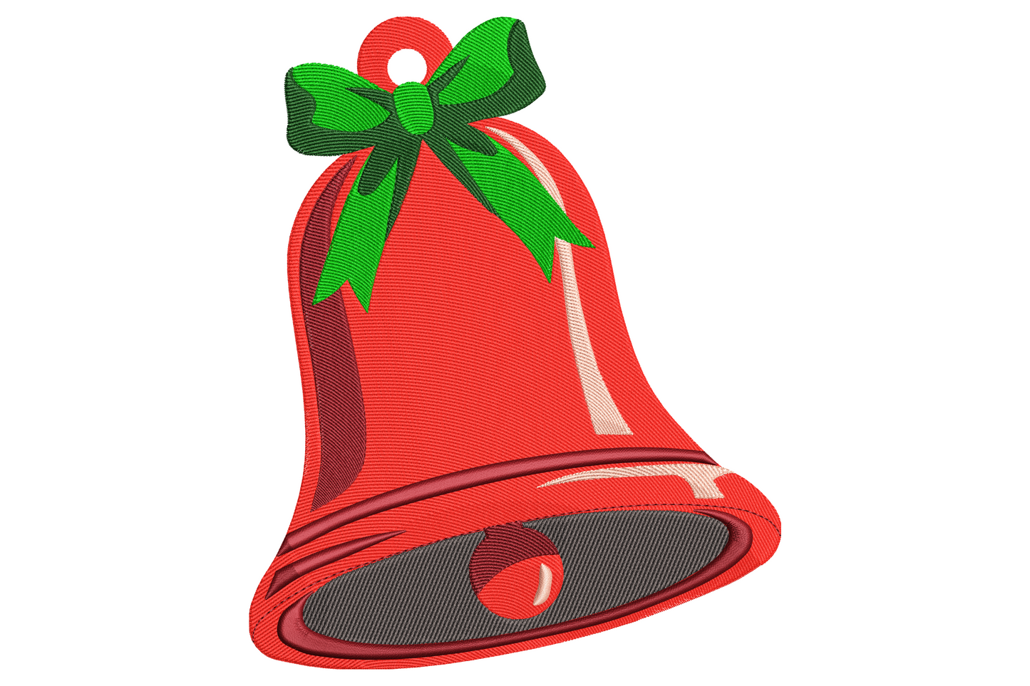 Classic red christmas bell embroidery design with dark green bow on top and white shine highlights down the front
