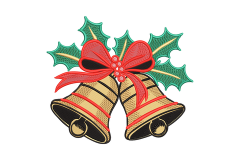 Christmas bells embroidery design with ribbon bow and holly sprigs, layered gold satin shading with red berry accents, holiday stocking pattern