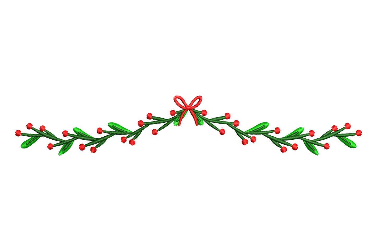 Christmas berry garland with ribbon bow embroidery design in deep red and dark green, 4 sizes from 4.51 to 7.51 inches tall