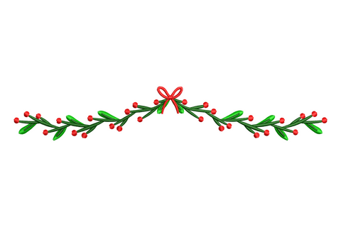 Christmas berry garland with ribbon bow embroidery design in deep red and dark green, 4 sizes from 4.51 to 7.51 inches tall