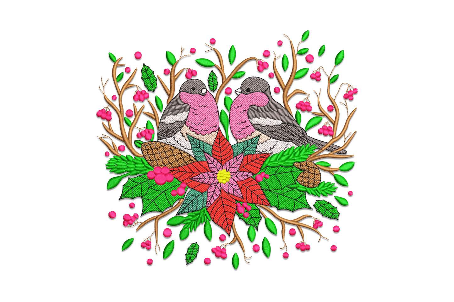 Christmas bird wreath embroidery design, two bullfinches above a poinsettia with holly, pinecones and pink berries