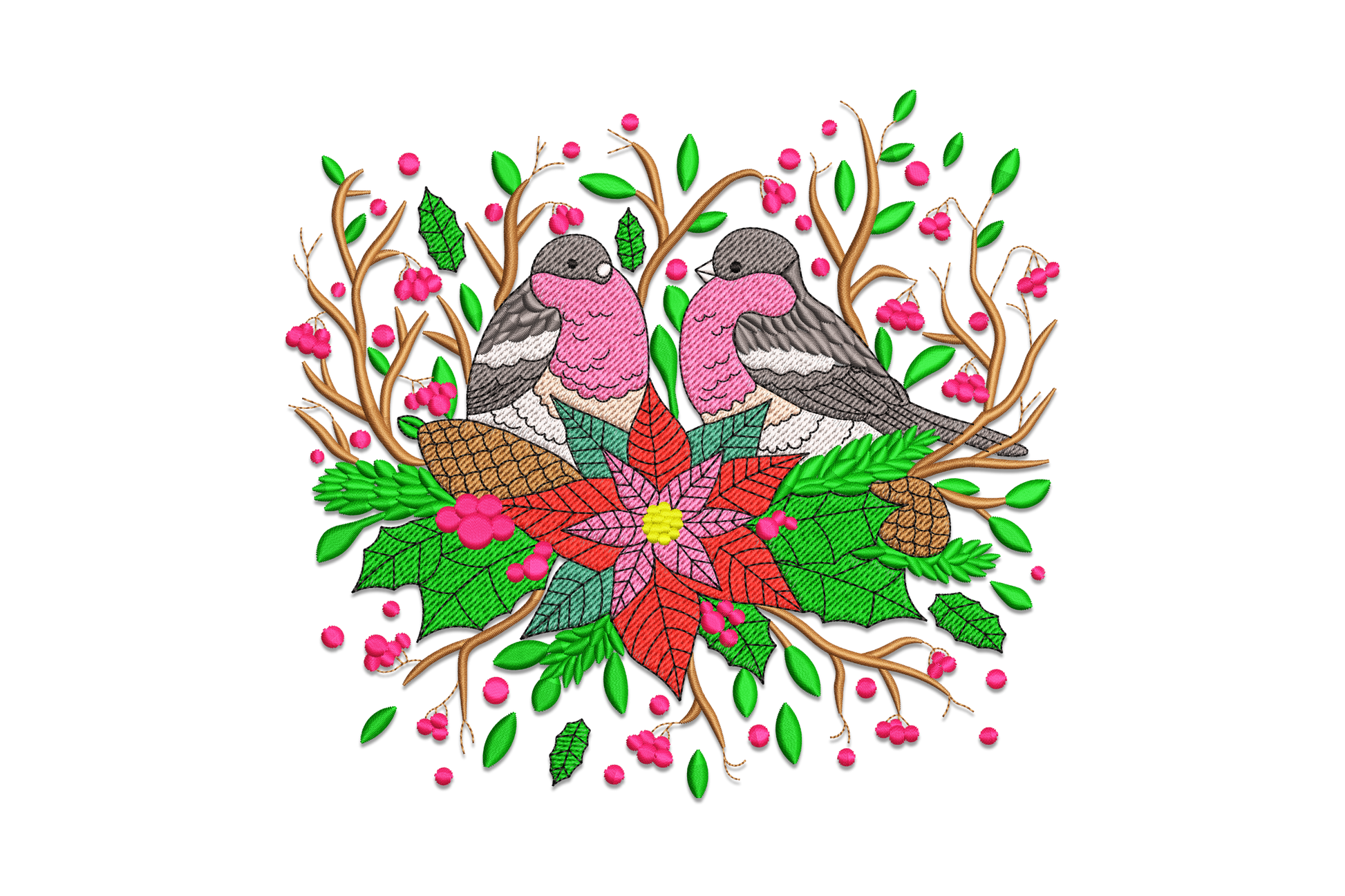 Christmas bird wreath embroidery design, two bullfinches above a poinsettia with holly, pinecones and pink berries
