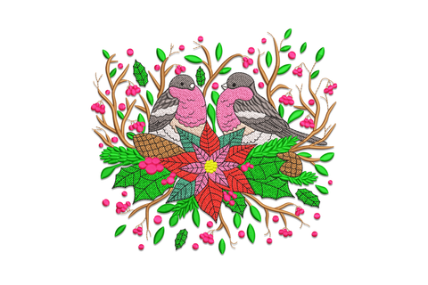 Christmas bird wreath embroidery design, two bullfinches above a poinsettia with holly, pinecones and pink berries