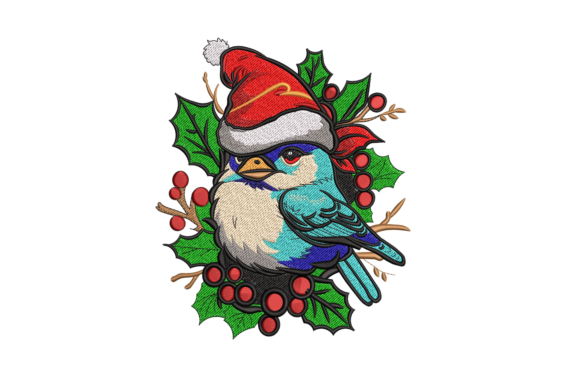 Christmas bird with santa hat embroidery, plump bird on a snow-dusted holly branch, warm brown directional feather fills, red santa hat and red berries, 11 colours.