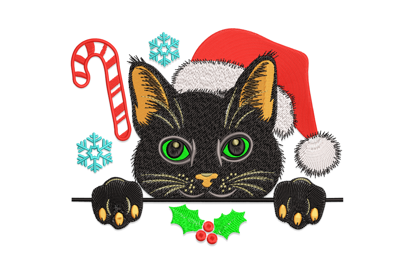 Black cat embroidery, green eyes and red Santa hat peeking over a bar, teal snowflakes, candy cane and holly.