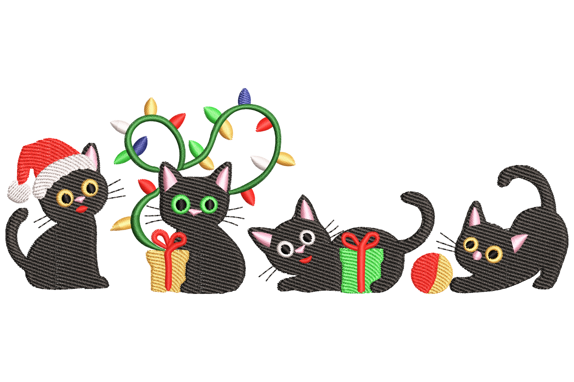 Four black cats in a row with Christmas props: Santa hat, tangled string lights with gift box, wrapped gift, and a red ball.