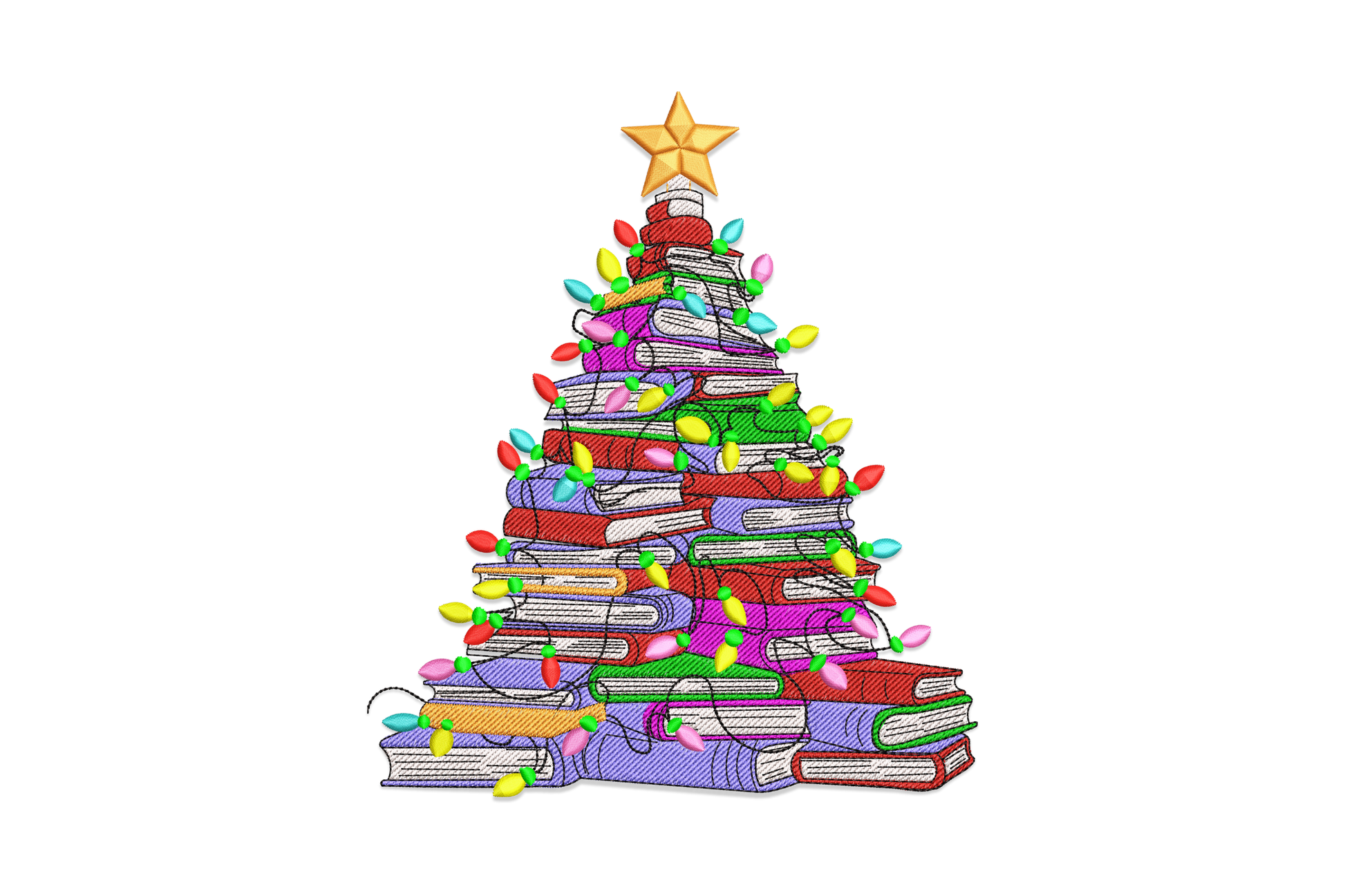 Christmas book tree embroidery design showing a stack of colourful book spines forming a tree shape, stitched in rust, teal, mustard, cream, and chocolate thread on olive corduroy fabric.