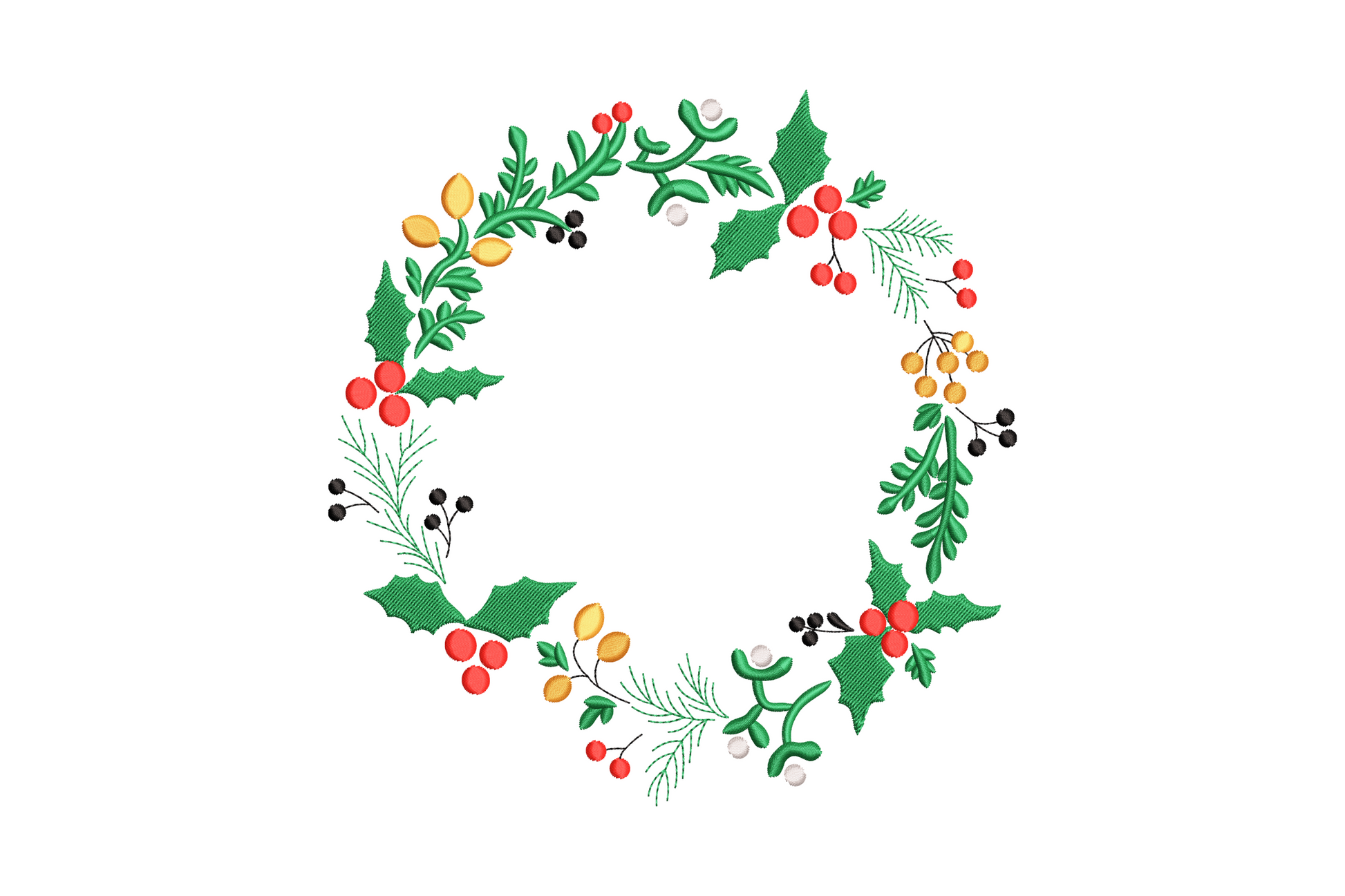 Christmas botanical wreath embroidery design with holly, red berries, fern, and orange pods, 5 colors sketch fill style