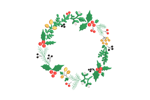 Christmas botanical wreath embroidery design with holly, red berries, fern, and orange pods, 5 colors sketch fill style