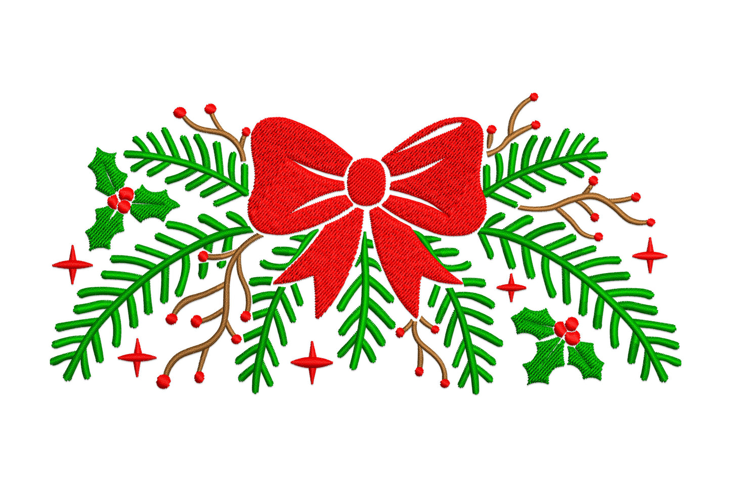 Christmas bow greenery embroidery design with red satin ribbon bow centred on dark green pine branches, holly leaves, red berries and four-pointed stars.