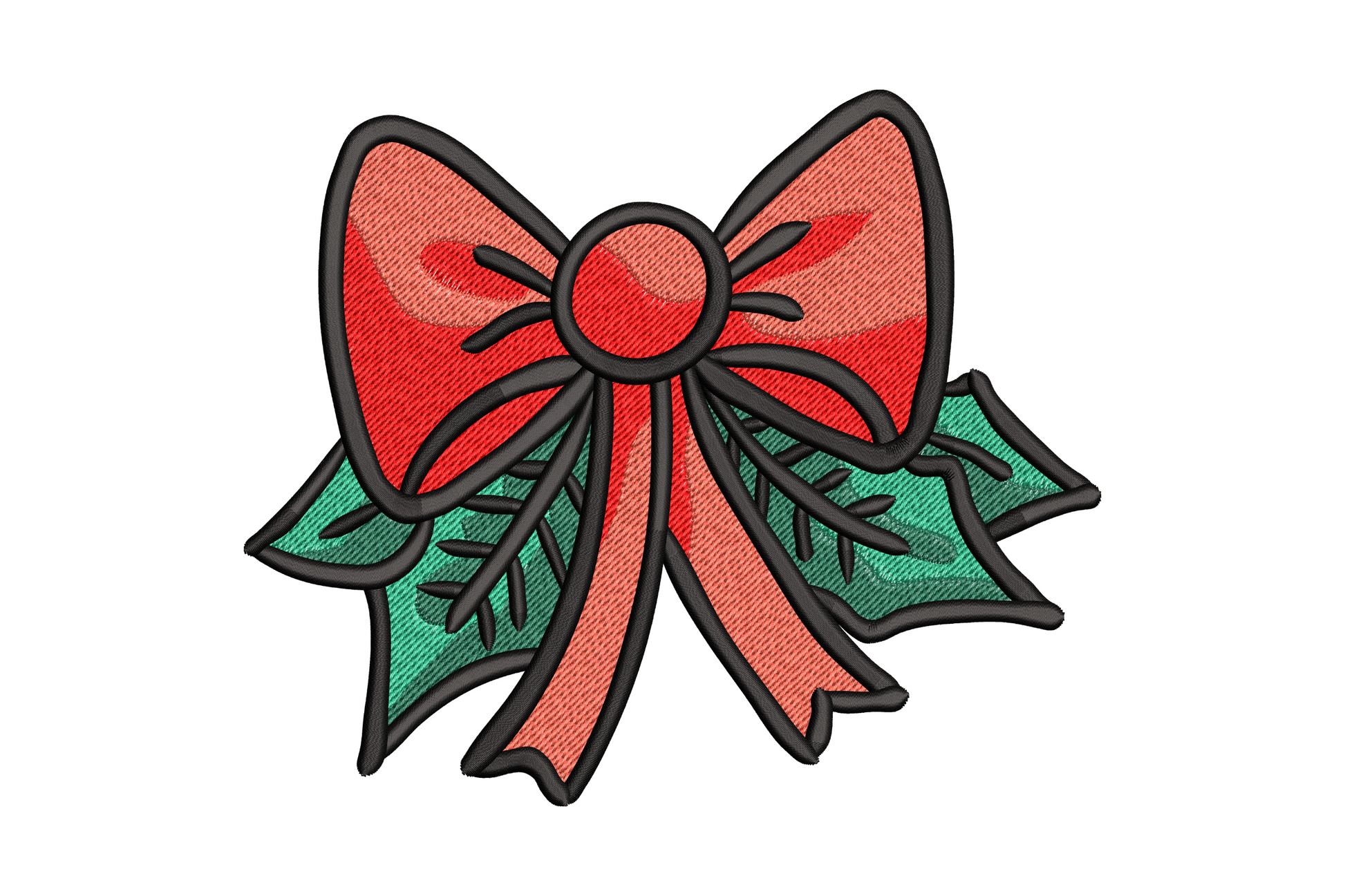 Christmas bow with holly leaves embroidery design, red bow with two loops and tails, flanked by dark green holly sprigs with red berries