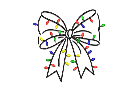Christmas bow with lights embroidery, black outline ribbon bow strung with C9 vintage bulbs in red, green, blue, yellow.