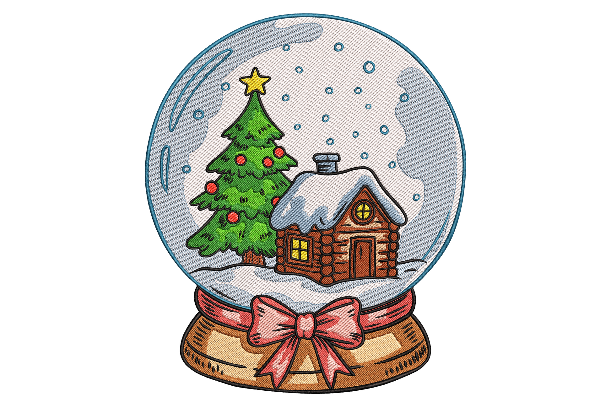 Detailed christmas snow globe embroidery design with log cabin, pine tree with star, snow flurries and pink ribbon bow on wooden base