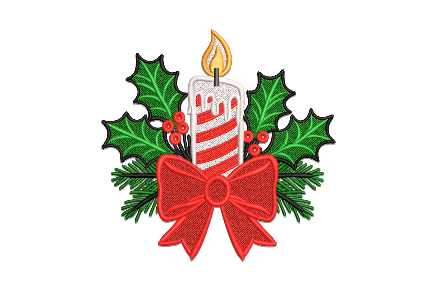 Christmas candle embroidery design, red candy-stripe wax, holly leaves, red berries, pine sprigs and large red bow