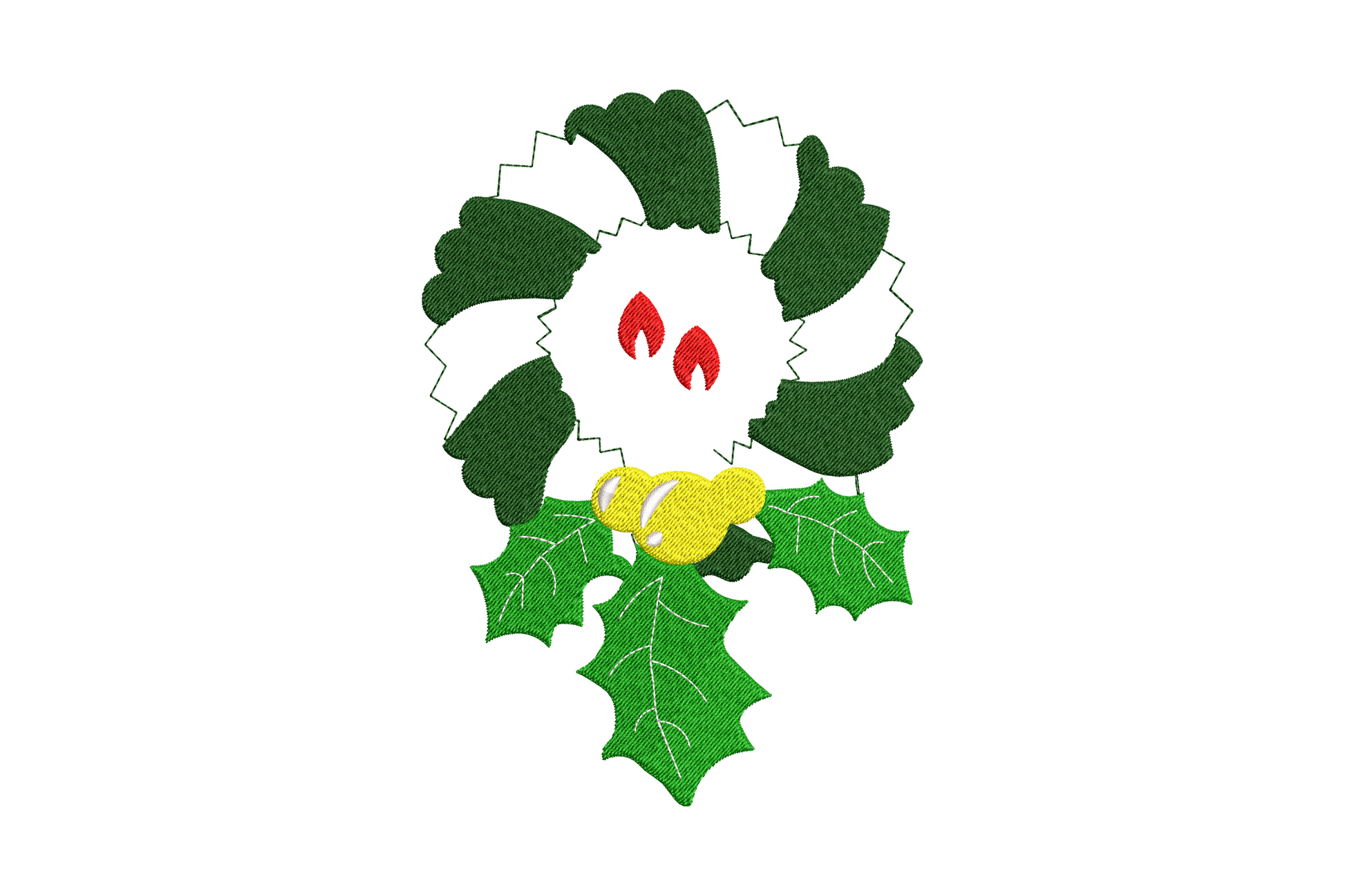 Christmas candle wreath embroidery design two red candles in holly leaf wreath with white vein details and yellow holders, 5 sizes