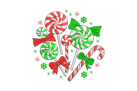 Christmas candy cluster embroidery with swirl lollipops, candy canes, wrapped sweets and crimson ribbon bows.