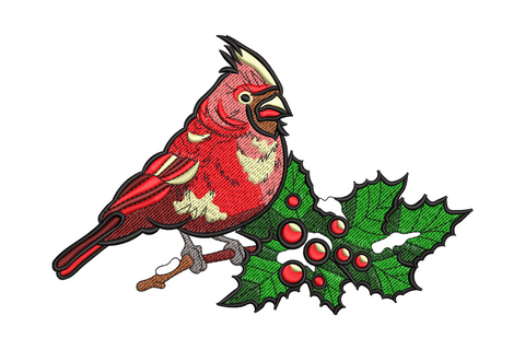 Christmas cardinal embroidery, bright red male cardinal on a snow-covered pine branch with winter berries, directional feather fills in 9 colours.