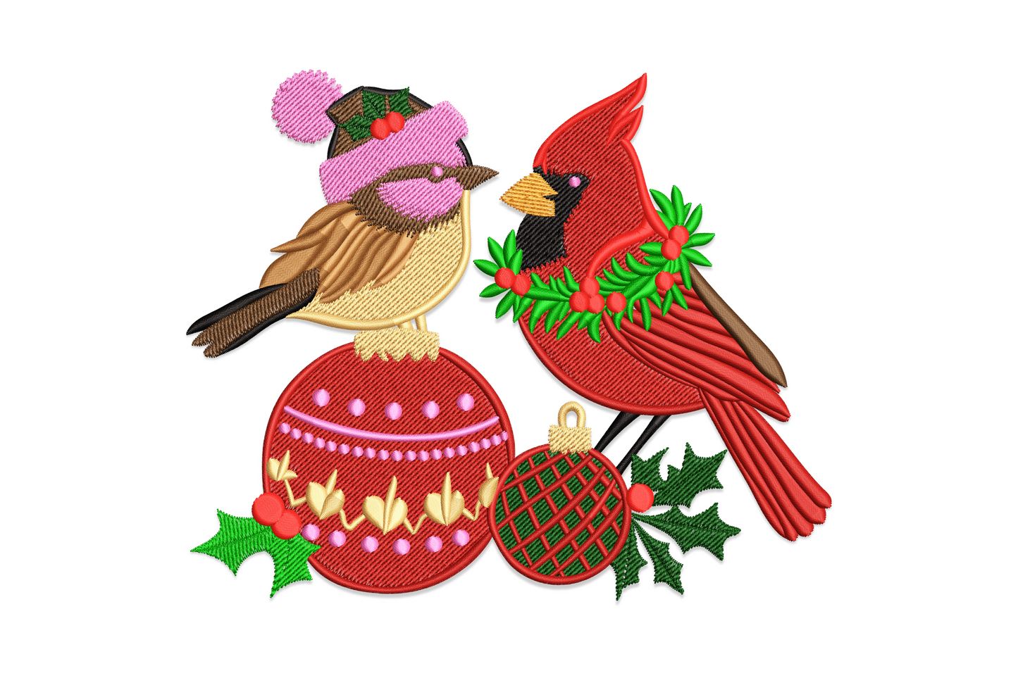 Christmas cardinals with ornaments embroidery design showing two red birds perched on a branch with hanging gold ornaments and sage greenery.