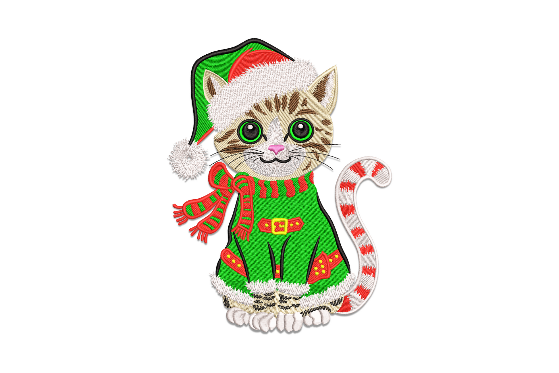 Christmas cat elf embroidery design, tabby kitten in green elf hat, plaid scarf, ugly sweater, candy-cane tail.