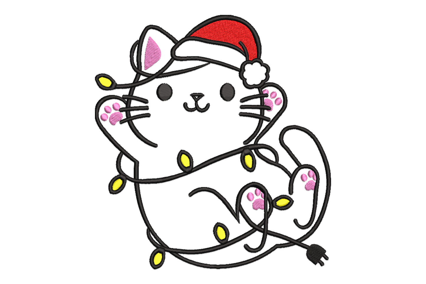 Christmas cat embroidery design, chubby kawaii cat tangled in yellow light string, red santa hat and pink paws, black outline on white.