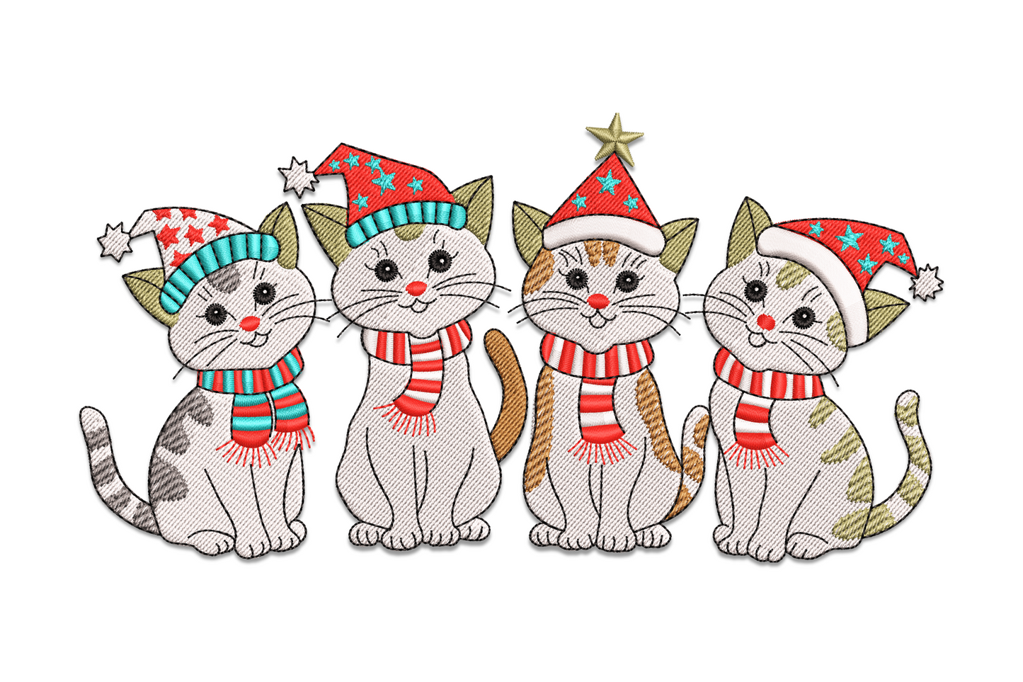 Four Christmas kittens embroidery in patterned Santa hats and striped scarves, folk style red, aqua, grey and brown.