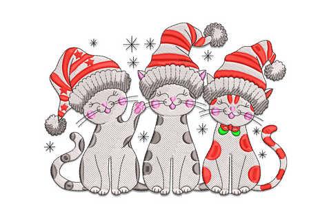 Christmas cat trio embroidery design, three tabby cats wearing red and white striped Santa hats lined up for Christmas.