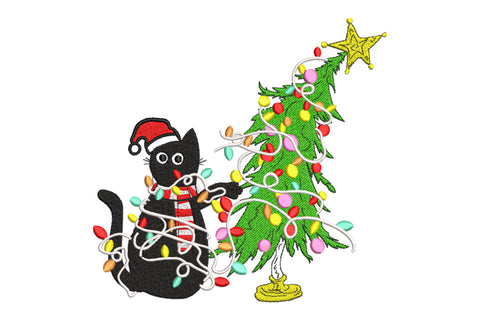 Christmas cat and tree embroidery, black silhouette cat in santa hat tangled in colourful lights beside a bright green decorated tree with yellow star.
