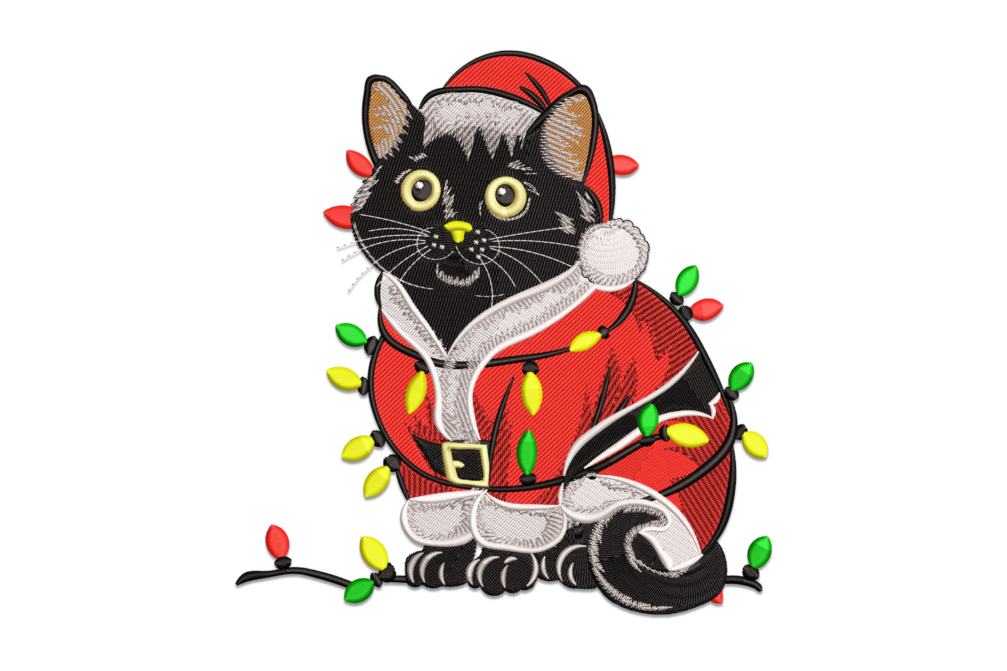 Chubby cartoon cat in red Santa suit with white trim, tilted hat and grey tabby face, holiday embroidery design.